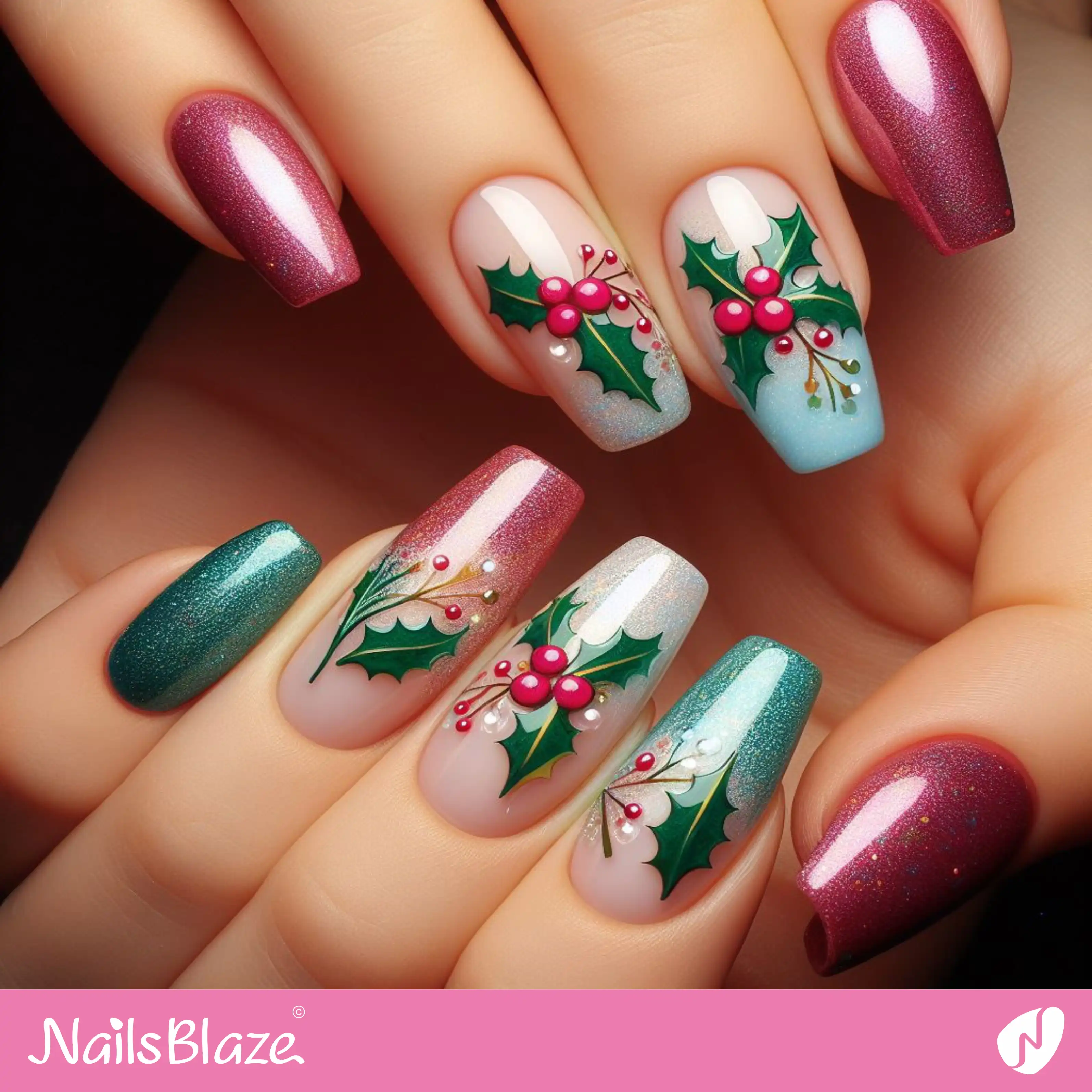 Glossy Ombre Holly Leaf Nails | Nature-inspired Nails - NB1659